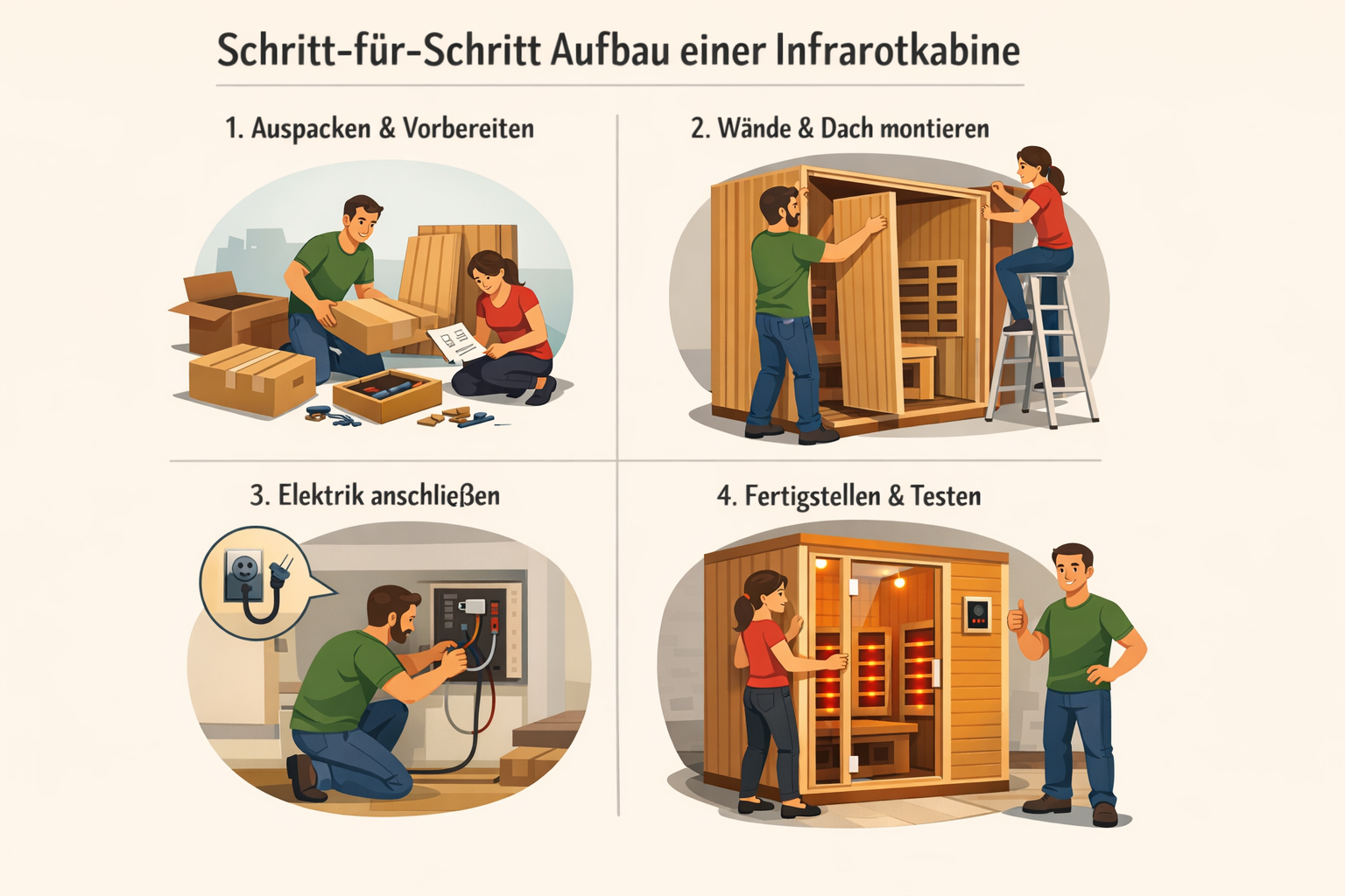 Illustration der einzelnen Aufbauschritte einer Infrarotkabine