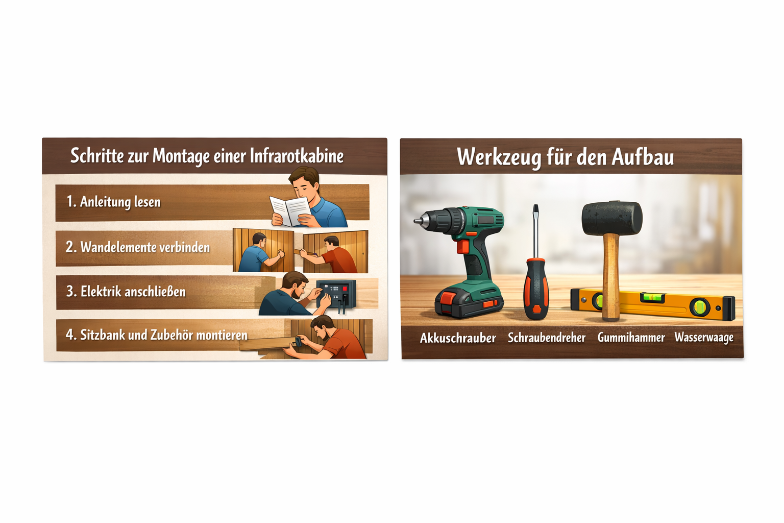 Infografik zur Montage und zu den benötigten Werkzeugen für eine Infrarotkabine