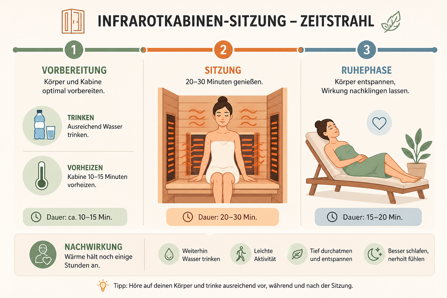 Zeitstrahl einer Infrarotkabinen-Sitzung mit Nachwirkung