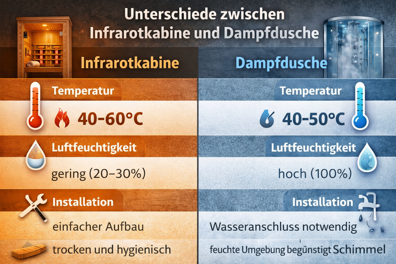 Unterschiede zwischen Infrarotkabine und Dampfdusche