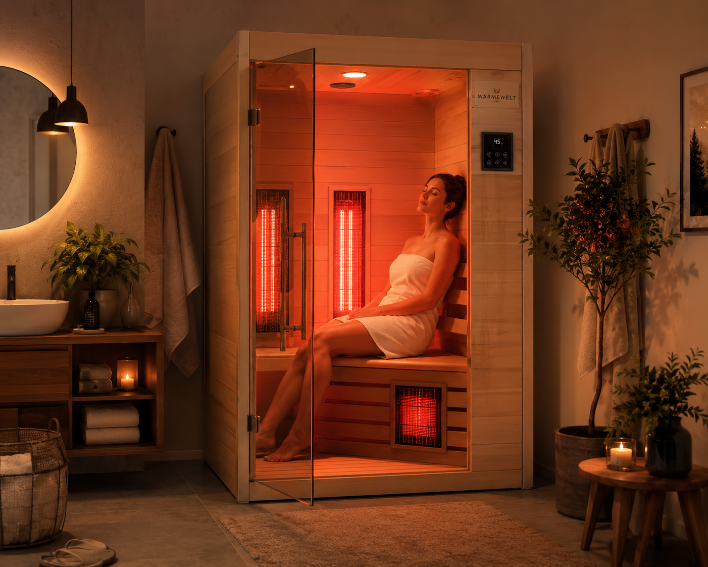 Moderne Infrarotkabine im stilvollen Badezimmer