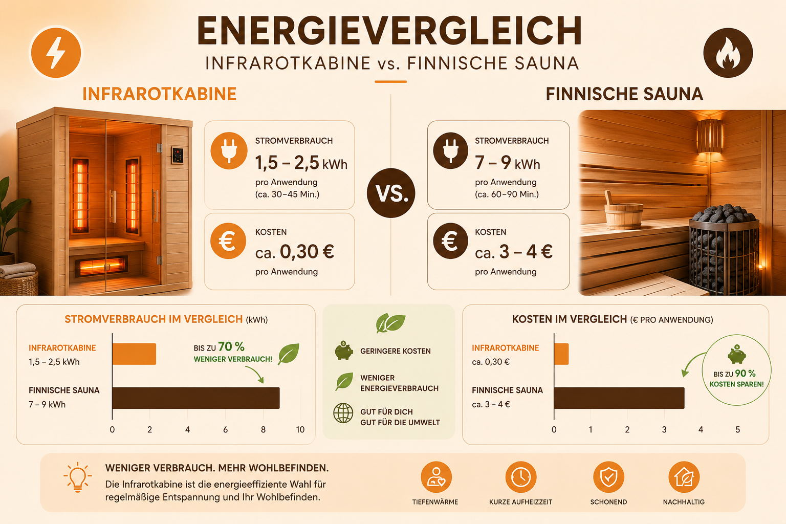Infografik zum Stromverbrauch von Infrarotkabinen im Vergleich zur Sauna
