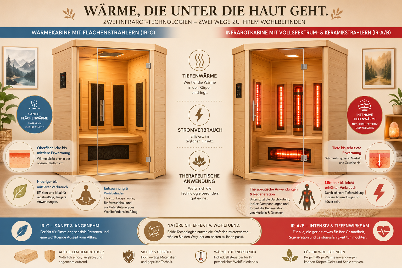 Vergleich von Wärmekabine und Infrarotkabine mit unterschiedlichen Strahlerarten