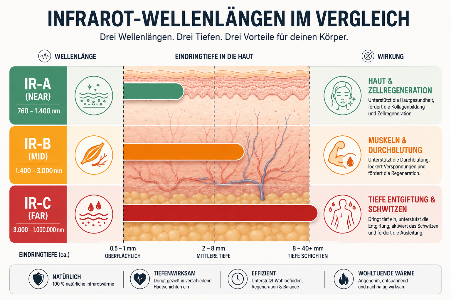 Infografik zu Infrarot-Wellenlängen und ihrer Wirkung auf die Haut