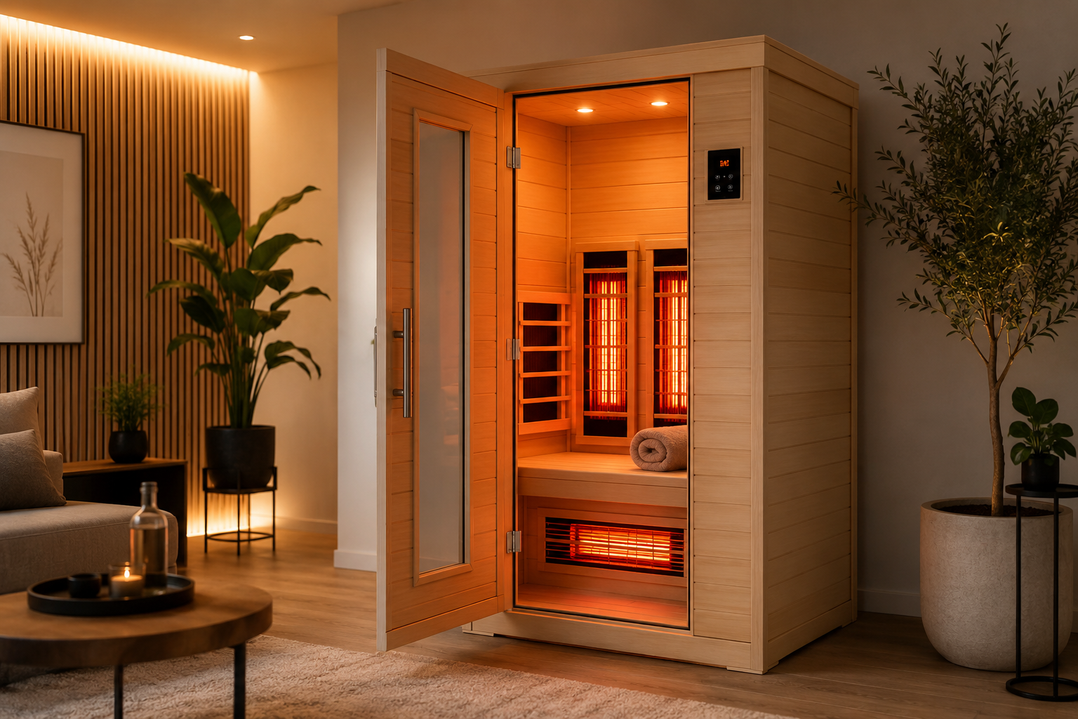 Moderne Infrarotkabine als Wellnessoase im Wohnzimmer